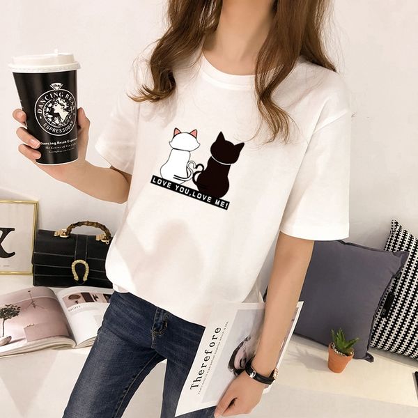 

cartoon black and white cat western style cartoon loose short-sleeved t- women's t- shirt shirt all-match