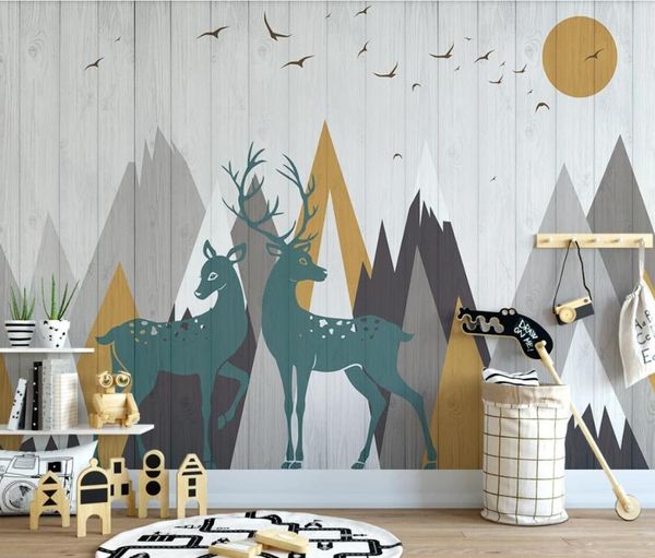 Elk Deer Mountain Carton Wallpaper 3D Wall Mural for Kids Bedroom Contato Paper Papéis de parede Rollo Art Murais Papel de Parede