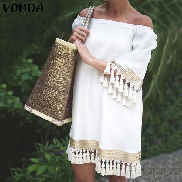 

2020 vonda summer sundress women off shoulder party dress female vintage mini dress holiday casual plus size vestidos 5xl, Black;gray