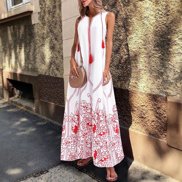 

vintage party women flower print v neck tassel sundress sleeveless maxi dress hot, Black;gray