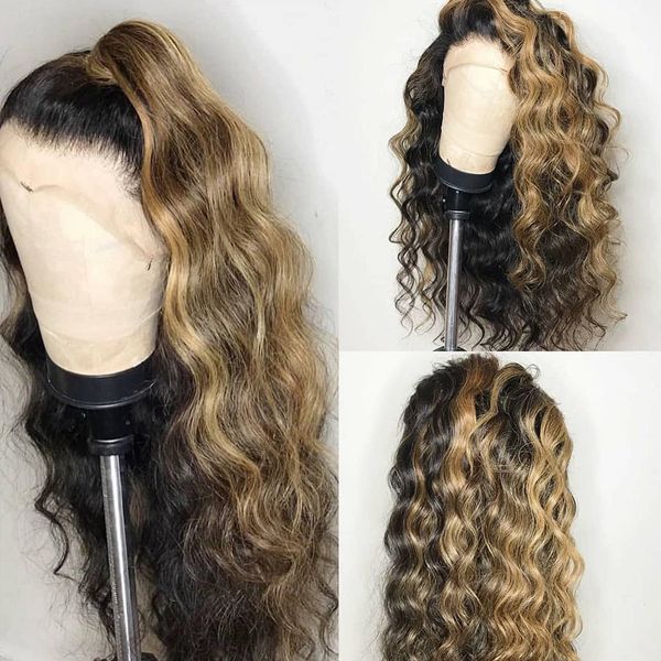 

body wave highlight glueless13x6 lace front human hair wigs with bleached knots brazilian remy transparent lace wigs pre plucked, Black;brown