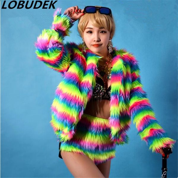

stunning color imitation fur coat nightclub chanteuse dsdj stage costume female costume for singer dancer star nightclub, Black;red