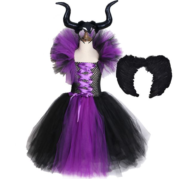 

maleficent tutu dress with horns wing evil queen girls fancy dress carnival party gowns for kids halloween cosplay witch costume, Red;yellow