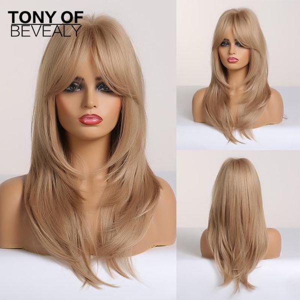 

synthetic wigs long wavy layered hairstyle blonde full wigs with bangs for women natural daily heat resistant fiber hair, Black