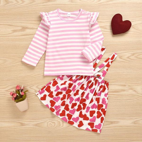 

new toddler kids baby girl valentine 's day clothes striped heart suspender skirt 2pcs outfits set valentine's outfit girls, White
