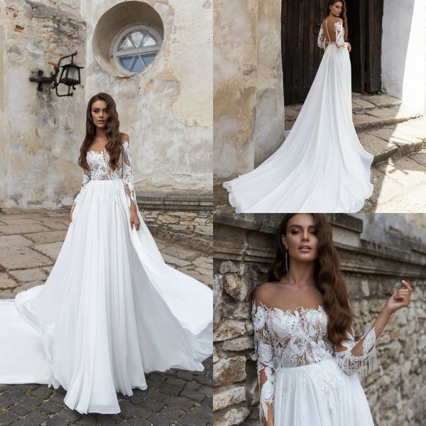 

2020 milla nova boho wedding dresses lace appliqued a line sweep train bohemia bridal gowns chiffon skirt custom made beach robes de mariÃ©e, White