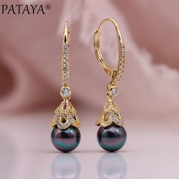 

pataya new ab shell pearl long earrings 585 rose gold natural zircon women wedding fine fashion jewelry romantic dangle earrings, Silver