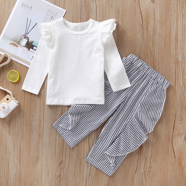 

children clothset toddler kids baby girl long sleeve frill solid +stripe frill pants outfit autumn winter girls clothes m50#, White