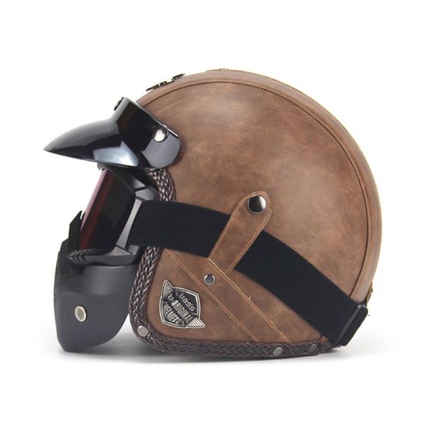 

pu leather 3/4 helmets open face vintage motorcycle bike helmet with goggle mask l69e
