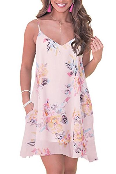 

casual dresses women's summer dress floral beach sundress sleeveless printed bohemian spaghetti strap swing with pockets, Black;gray