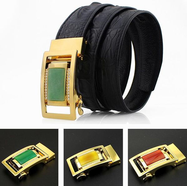 

new luxury jade stone rhinestone men's jade belt with gold inlaid crocodile embossed head layer belt with buckle belts, Black;brown