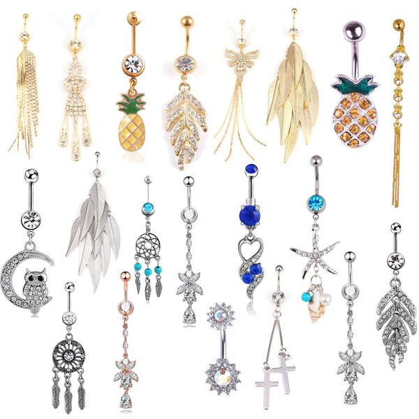 

1pc dangle belly bars belly button rings fashion surgical steel rhinestone body jewelry navel piercing rings, Slivery;golden