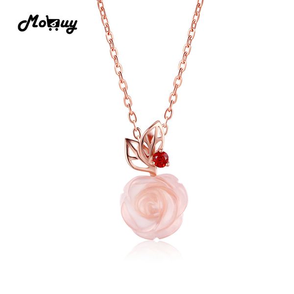 

mobuy mbni025 unique rose flower natural gemstone rose quartz necklace & pendant 925 sterling silver gold plated fine jewelry