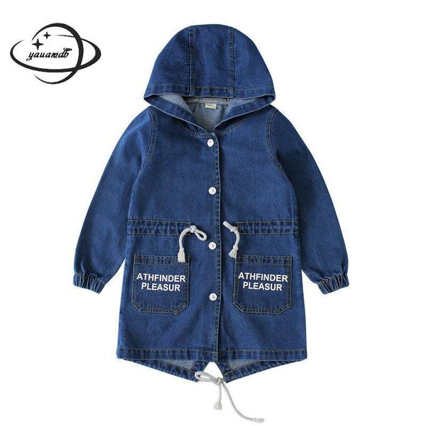 

kids trench coat spring autumn girls jacket overcoat clothing long style hooded letter denim children windbreaker clothes h57, Blue;gray