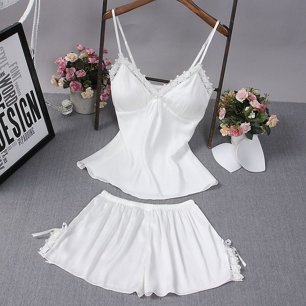 

two piece set women sleepwear silk pajamas chest pad nightwear women 2017 summer lace lingerie cotton homewear, Blue;gray