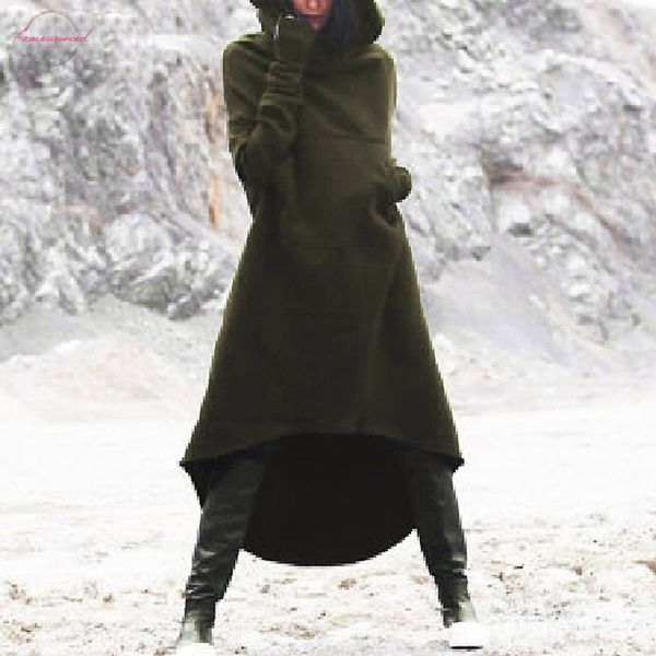 

2020 women hooded long sleeve fleece solid pockets irregular hem long sweatshirt dress hoodies pullover vestido plus size, Black;gray