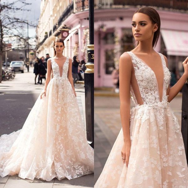 Abiti da sposa sexy bohémien con scollo a V A Line Abito da sposa floreale 3D Robe De Mariee con applicazioni in pizzo Abito da sposa Boho