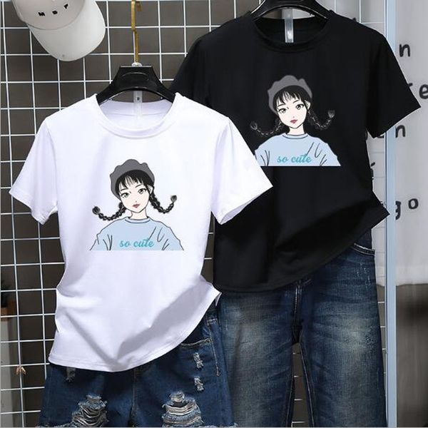

cartoon girl print t-shirt women spring summer short sleeve o neck cotton spandex women slim fit t-shirts, White
