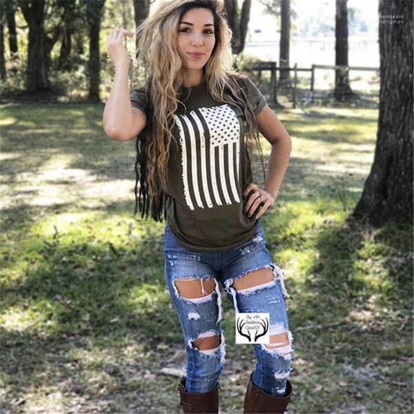 

womens short sleeve casual female clothing summer flag womens designer tshirts stars printed o neck, White