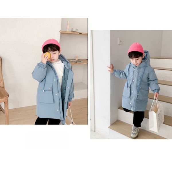 

children down jackets fashion long hooded kids boys girls winter down coat kids solid color windproof coat 3 colors size 100-150, Blue;gray