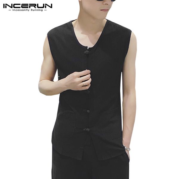

incerun 2019 chinese style sleeveless men shirt button cotton loose solid color breathable vintage casual shirts men camisa, White;black