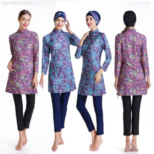 

fashion 3 pcs muslim islamic printed swimwear beachwear jewish modesty full cover swimsuit burkinis beach women's sport costumes