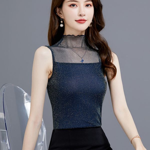 

women's tanks & camis zoki half-high collar women mesh fashion korean plus size summer sleeveless streetwear basic solid color, White