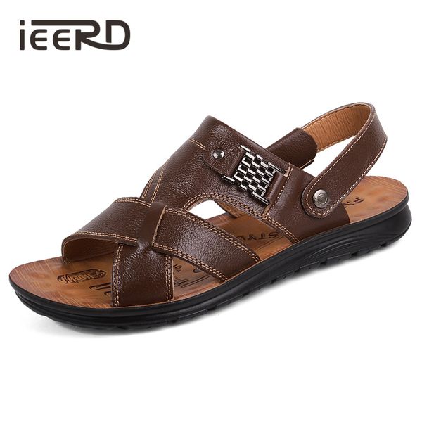 

summer breathable genuine leather sandals men dual slippers men classics comfort beach sandals sale, Black