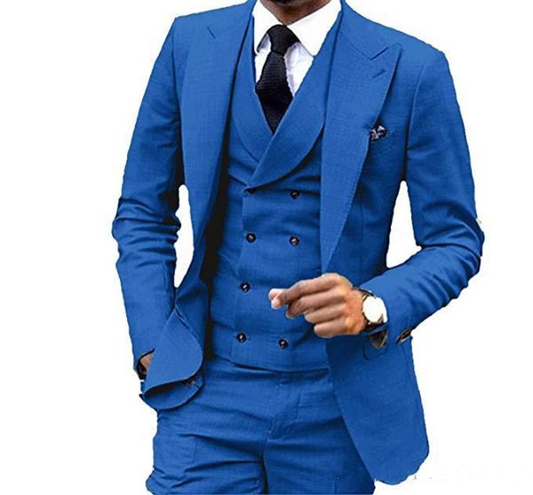 Nuovo Custom Made One Button Blue Smoking dello sposo Sposo bavero dello sposo Groomsmen Mens Business Party Suits (Jacket + Pants + Vest + Tie) 587