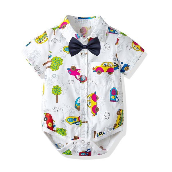2019 Boys Romper 2019 Summer New Styles New Arrival Ins Kids High Quality Cotton Cartoon Cars Printing Short Sleeve Black Bowtie Romper From