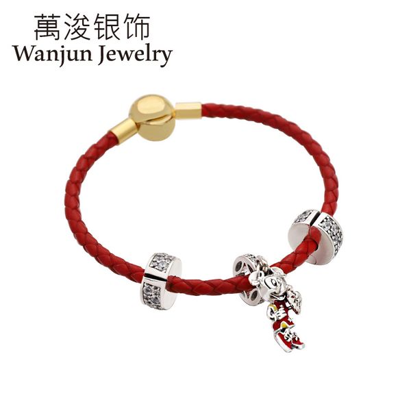 

wanjun jewelry 100% 925 sterling silver red new year minni leather rope bracelet set cute gave friends of gift, Golden;silver