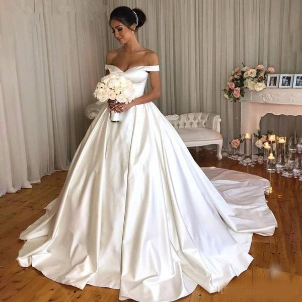 

simple ivory ball gown wedding dresses a line off the shoulder v-neck graceful chapel train satin bride dress long vetidos de novia, White