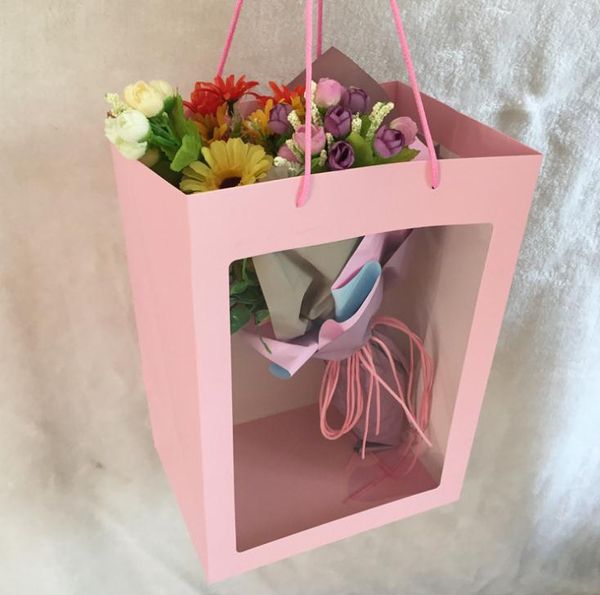 

pink white tote gift paper bag with pvc transparent window creative flower bags for birthday wedding party 100pcs
