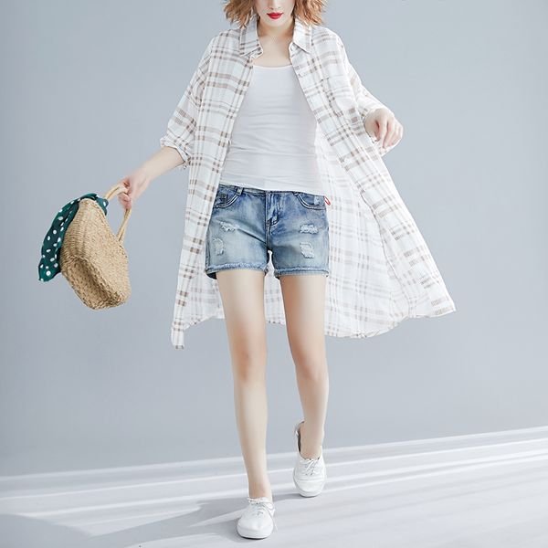 

oversized shirt women spring summer cardigan casual wild loose cotton comfortable mid-length single-breasted plaid shirt d322, White
