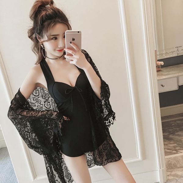 

8utfb one-piece swimsuit women's swimsuit bikini small fragrant breeze conservative split flat-angle belly covering slim small chest ga, White;black