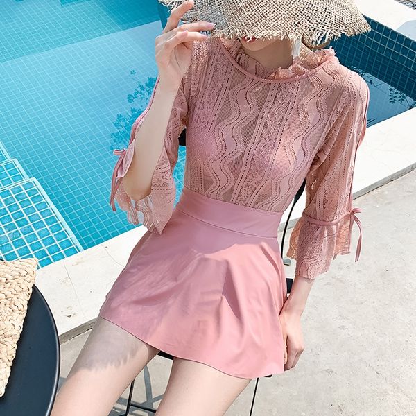 

female 2020 xiaoxiangfeng one-piece dress dress swimsuit female belly-covering slim conservative spring swimsuit, White;black