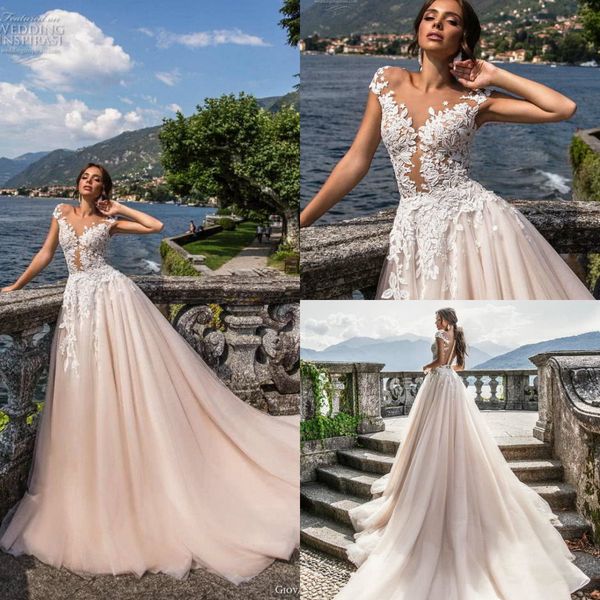 

2019 milla nova bohemian wedding dresses lace appliques sheer jewel neck boho bridal gowns a-line beach wedding dress robe de mariÃ©e, White