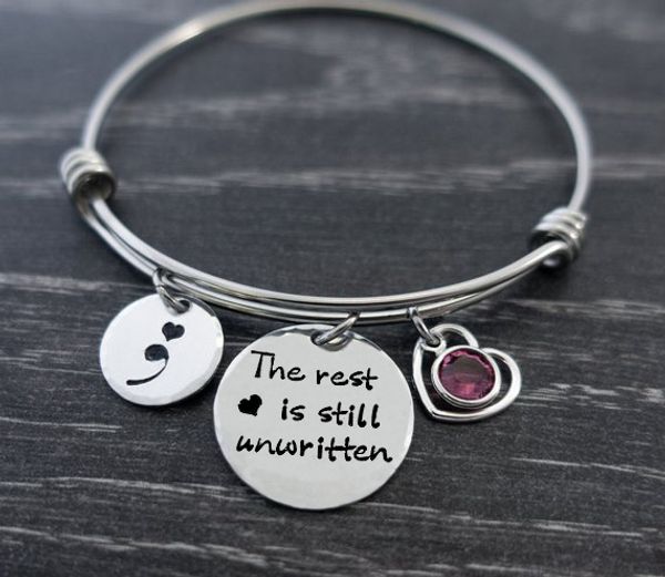 

fastion adjustable bracelet "the rest is still unwritten" suicide awareness semicolon birthstone stainless steel bangle, Black