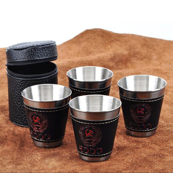 

4pcs/lot 70ml outdoor camping tableware travel cups set picnic supplies stainless steel wine beer cup whiskey mugs pu leather