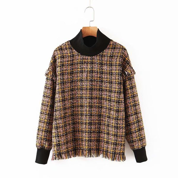 

graceful high collar joint hoodie women's 2019 autumn new style pattern loose-fit versatile tassels base blouse, Black