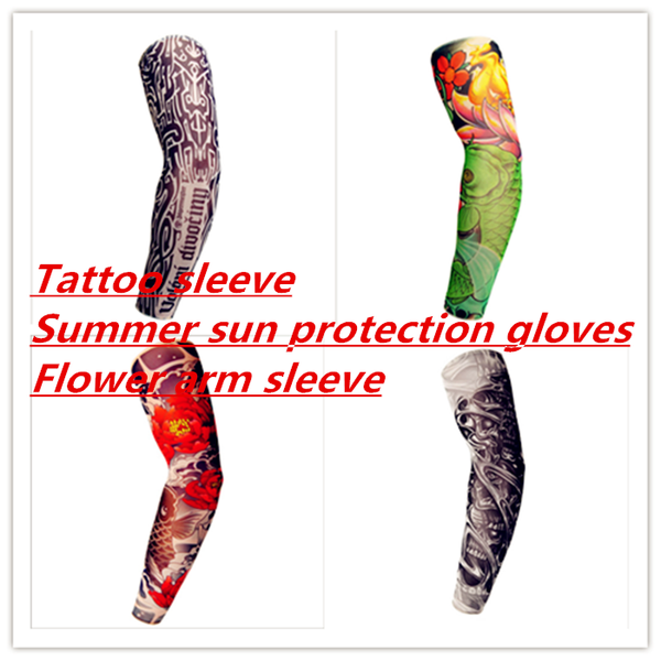 

tattoo sleeve flower arm sleeve summer sunscreen gloves tattoo outdoor riding ice sleeve, Blue;gray