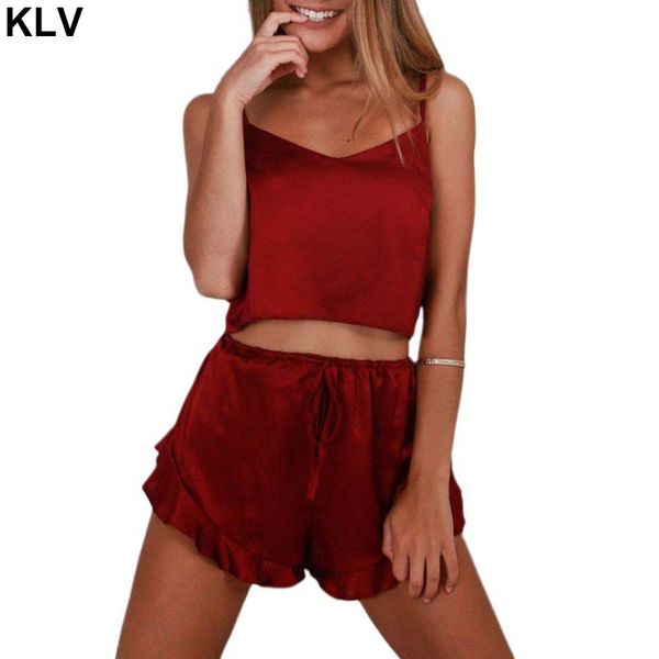 

womens summer satin pajamas set spaghetti straps camisole crop wide leg ruffles shorts solid color lingerie sleepwear, Black;red