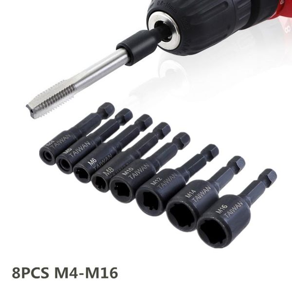 

8pc/set screw tap socket adapter square driver 1/4" hex shank 50mm machine tap thread m4 m5 m6 m8 m10 m12 m14 m16