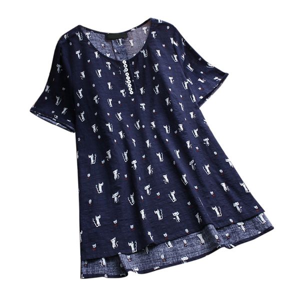 

womens asymmetrical short sleeve cat print o-neck casual vintage shirts blouse short sleeve halter summer shirts casual, White