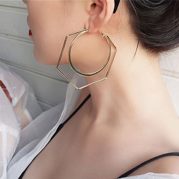 

punk geometric earrings exaggeration big hexagon hoop earrings for women 2019 fashion jewelry statement party gifts, Golden;silver