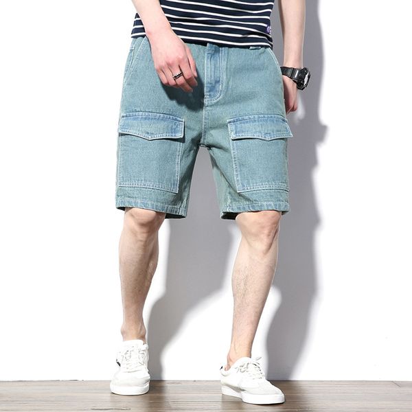 

large size short jeans men 2019 summer new original multi-pocket retro denim shorts men casual straight knee length denim pants, Blue