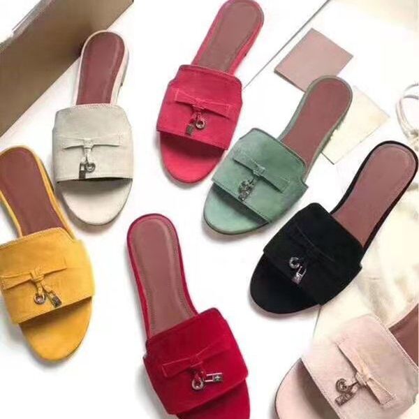 

spring summer round kidsuede flat slippers candy color tassel metal lock decor mules flipflops beach shoes women 2020 sandals y200628, Black