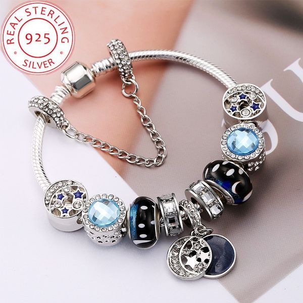 

blue star new crystal diy beaded bracelet for women snap jewelry girls charm 925 silver bead cross bracelets charms pandora with gift box, Golden;silver