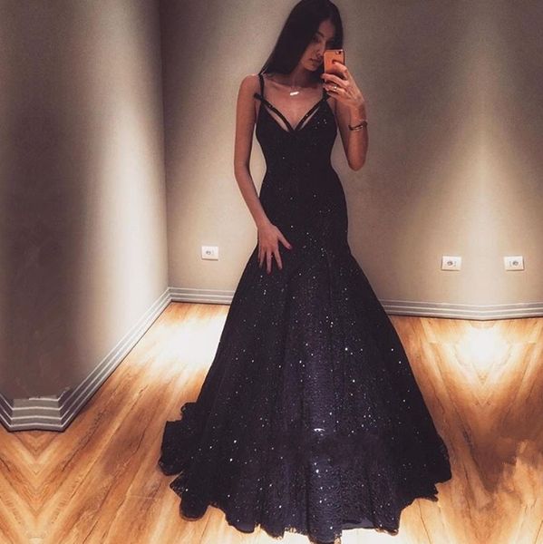 

блестками сексуальная русалка пром платья v шеи ремни длина пола знаменитости вечерние платья без рукавов обратно молния коктейльное платье, Black
