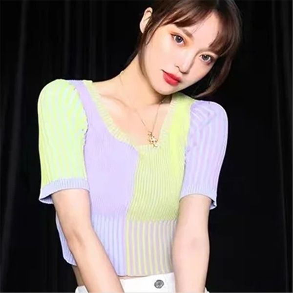 

2020 women's tie elegant style round collar color matching short knitted short-sleeved t-shirt female 2020 women's tie elegant sty, White